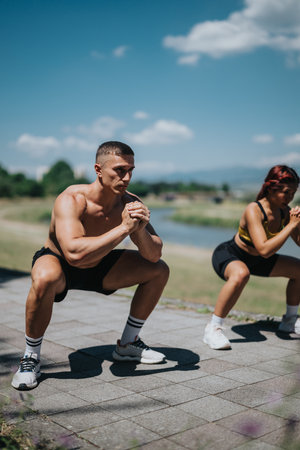 Active people practicing outdoor fitness exercises on a sunny day