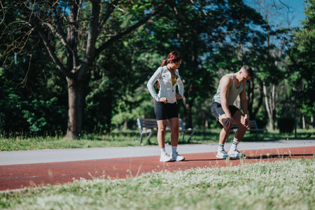 Diverse athletic couple training together outdoors on a sunny dayの写真素材