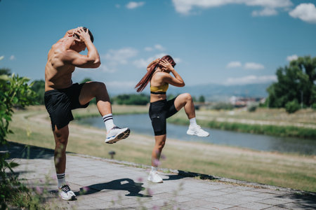 Two people performing outdoor fitness exercises on a sunny dayの写真素材