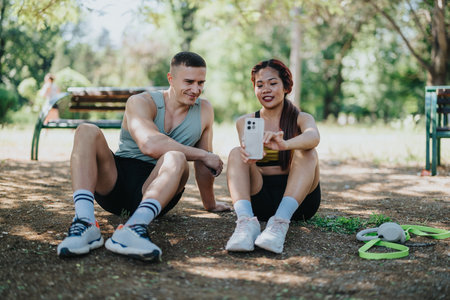 Two friends relaxing in a park after an outdoor fitness workoutの写真素材