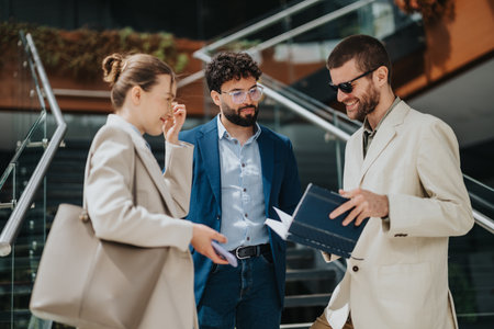 Group of professionals discussing documents in a modern business environment outdoorsの写真素材