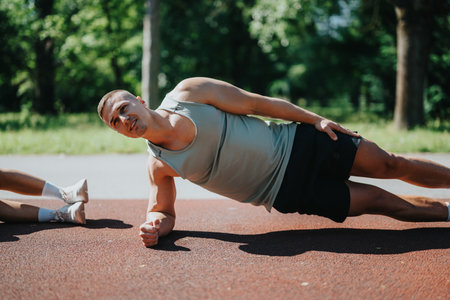 Man practicing side plank exercise on outdoor track during a sunny dayの写真素材