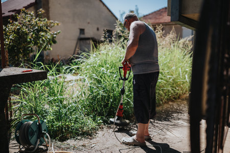 Man trimming tall weeds in a sunlit backyard with a string trimmer, garden maintenanceの写真素材