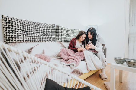 Two friends relaxing at home and browsing phones while cozy on the couchの写真素材