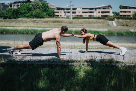 Two people exercising outdoors performing partner push-ups on a sunny dayの写真素材