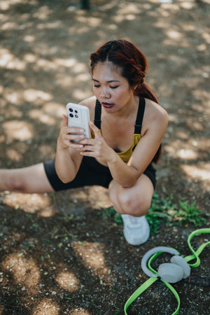 Young woman checking her smartphone during a workout break in a sunny parkの写真素材
