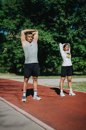 Diverse couple stretching outdoors on a running track in sunny weatherの写真素材