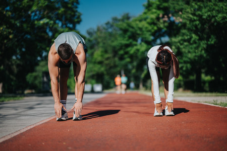 Diverse athletic couple stretches together on outdoor running track under clear skyの写真素材