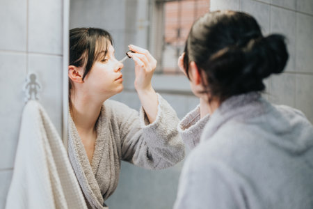 Young woman applying facial skincare serum in bathroom mirror reflectionの写真素材