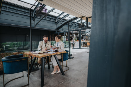 Business professionals collaborating at an open and modern workspace for project planningの写真素材