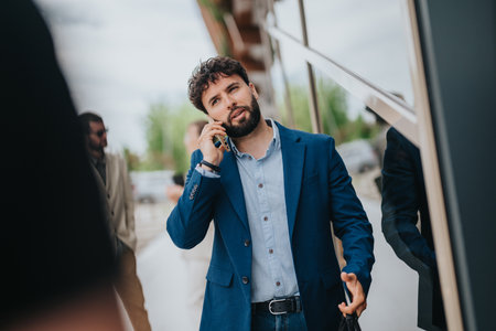 Man wearing a blue suit talking on the phone outdoors in an urban areaの写真素材