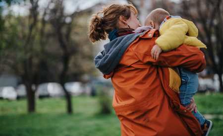 Mother lovingly holding her child in a green outdoor parkの写真素材