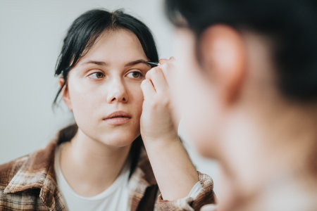 Young woman applying eyebrow makeup while looking in a mirrorの写真素材