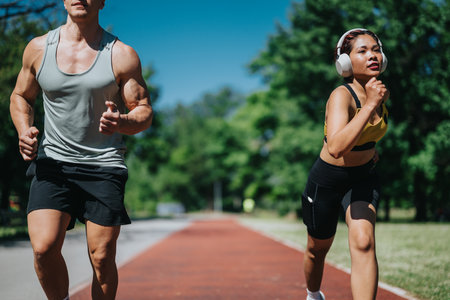 Two Athletes Running Outdoors in a Park on a Bright Dayの写真素材