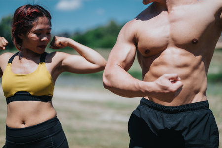 Two people showcasing strong muscle builds in an outdoor fitness settingの写真素材