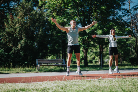 Energetic couple exercising outdoors together in a sunny park settingの写真素材
