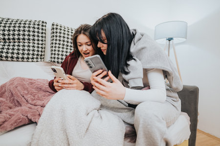 Two girls on a bed enjoying their phones in a cozy home settingの写真素材