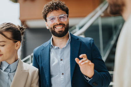 Male professional smiling while interacting with colleagues in a business settingの写真素材
