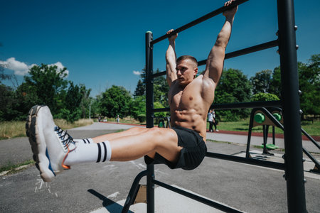 Man exercising on bar in park performing leg raises under sunny skies