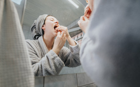 Woman practicing oral hygiene while getting ready in a comfortable bathroom