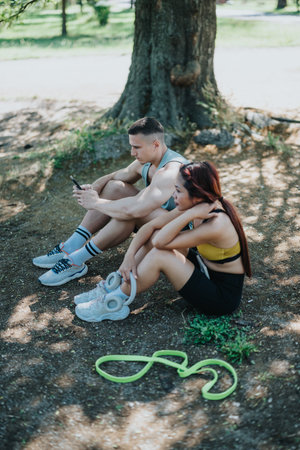 Young couple resting after exercise in park with fitness equipmentの写真素材