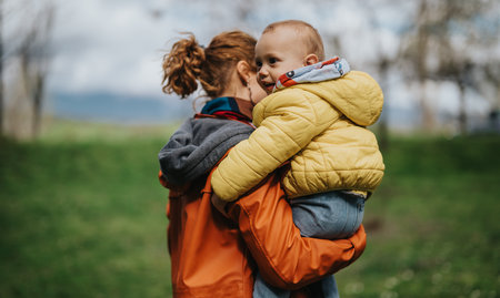 Mother holds her child outdoors during a pleasant spring dayの写真素材