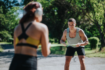 Two individuals workout in a park using resistance bands on a sunny dayの写真素材