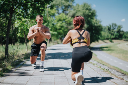 Two fitness enthusiasts performing lunges on a path in a summer parkの写真素材