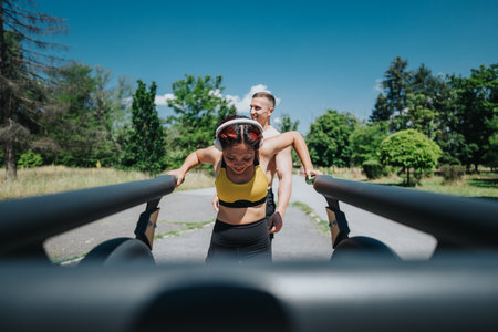 Young couple exercising on outdoor fitness equipment in a parkの写真素材