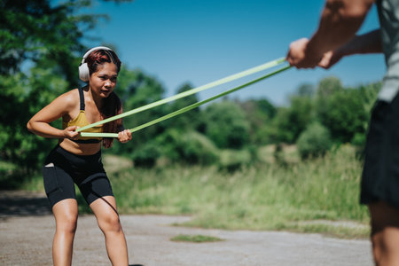 Women exercising outdoors with resistance bands in a sunny parkの写真素材