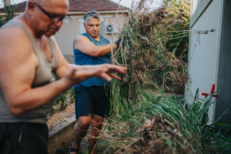 Two men work in a garden clearing tall weeds and debris near a fence