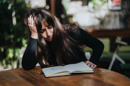 Young woman resting her head on hand while reading a notebook outdoorsの写真素材
