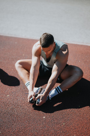 Young man stretching legs on a track before outdoor workoutの写真素材