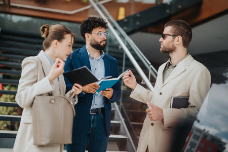 Group of professionals engaged in outdoor business discussion near modern buildingの写真素材