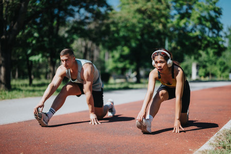 Athletic duo stretching together on a park track under the sunlightの写真素材