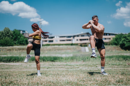 Two people practicing outdoor fitness exercises in a sunny grass fieldの写真素材