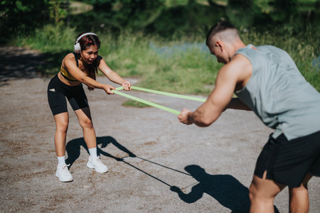 Two people exercising outdoors using resistance bands in a lush park settingの写真素材