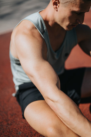 Man resting on a track field under bright sunlight for a workout or sportの写真素材
