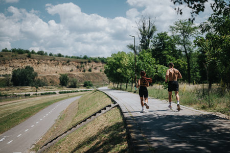 Two people jogging on a scenic path during a sunny day outdoors