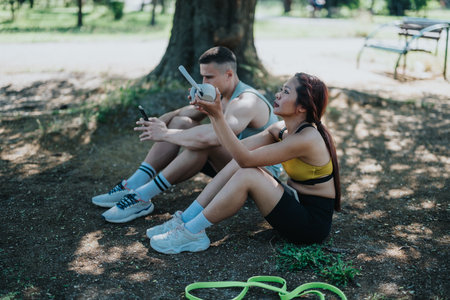 Two individuals resting in a park after physical exercise under a treeの写真素材