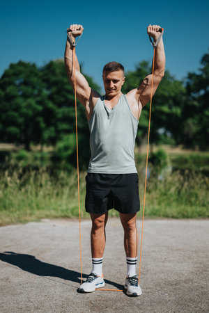 Man exercising with resistance bands during a sunny workout in the park