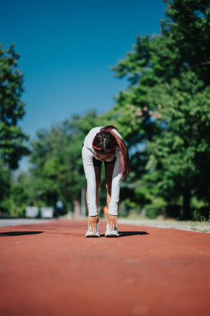 Woman stretching outdoors on a sunny dayの写真素材