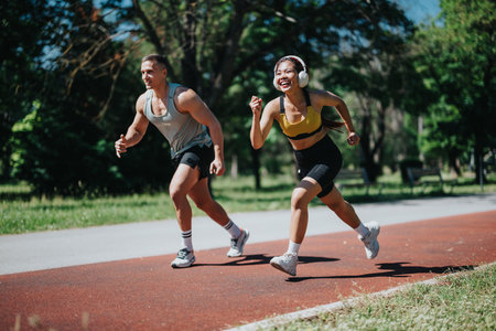 Two individuals enjoying a run together through a scenic park settingの写真素材