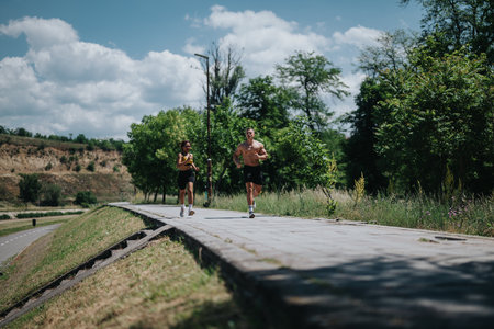 Two people jogging outdoors on a sunny day along a scenic pathの写真素材