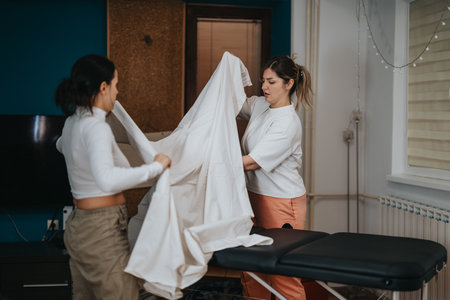Two women preparing a massage table with a white sheet in a cozy roomの写真素材