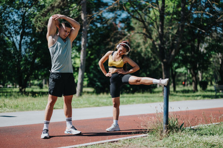 Two individuals stretching outdoors in a sunny parkの写真素材