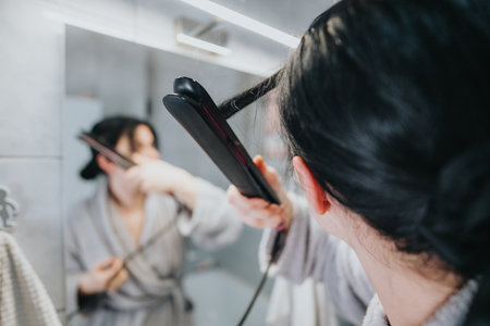 Woman styling hair with straightener in front of bathroom mirrorの写真素材