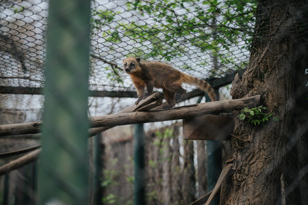 Raccoon-like animal in zoo enclosure surrounded by wood and nettingの写真素材