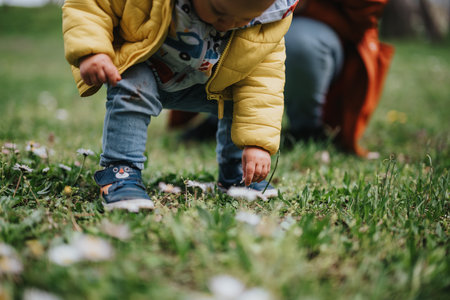 Child exploring nature with a parent in a sunny outdoor settingの写真素材