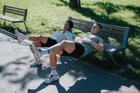 Diverse couple exercising outdoors on park benches during a sunny dayの写真素材